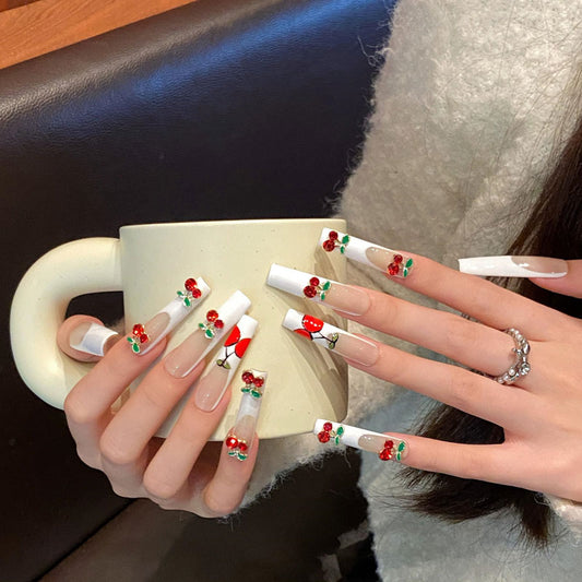Ballerina Long Nails Cherry Pattern Handmade Press On Fruit Nail Art