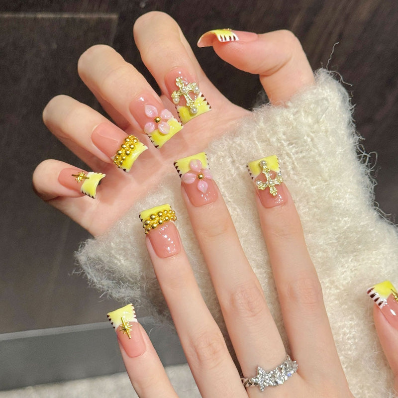 Premium Easter duck nails with gold crosses, stars, pearls & color-block tips - Reusable, damage-free faith - Meaningful beauty