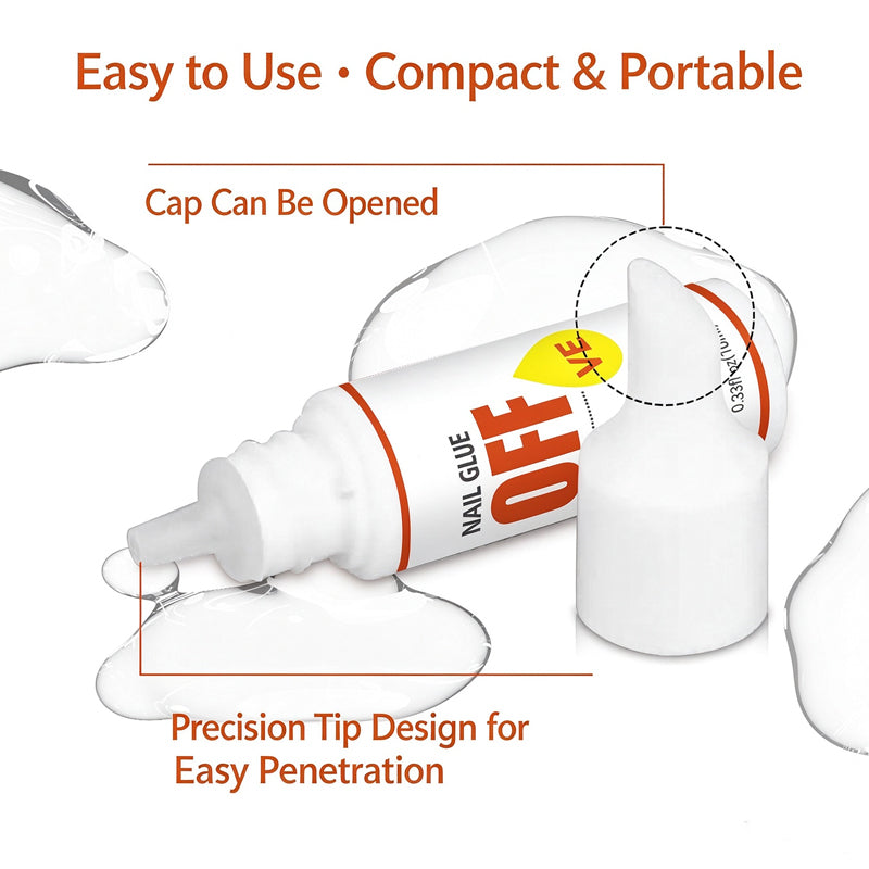 Close-up diagram of the Kapownails nail glue remover showing the openable cap and precision tip design for easy application