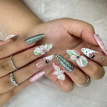 Matcha Garden Nails | Long Almond 3D Floral Set