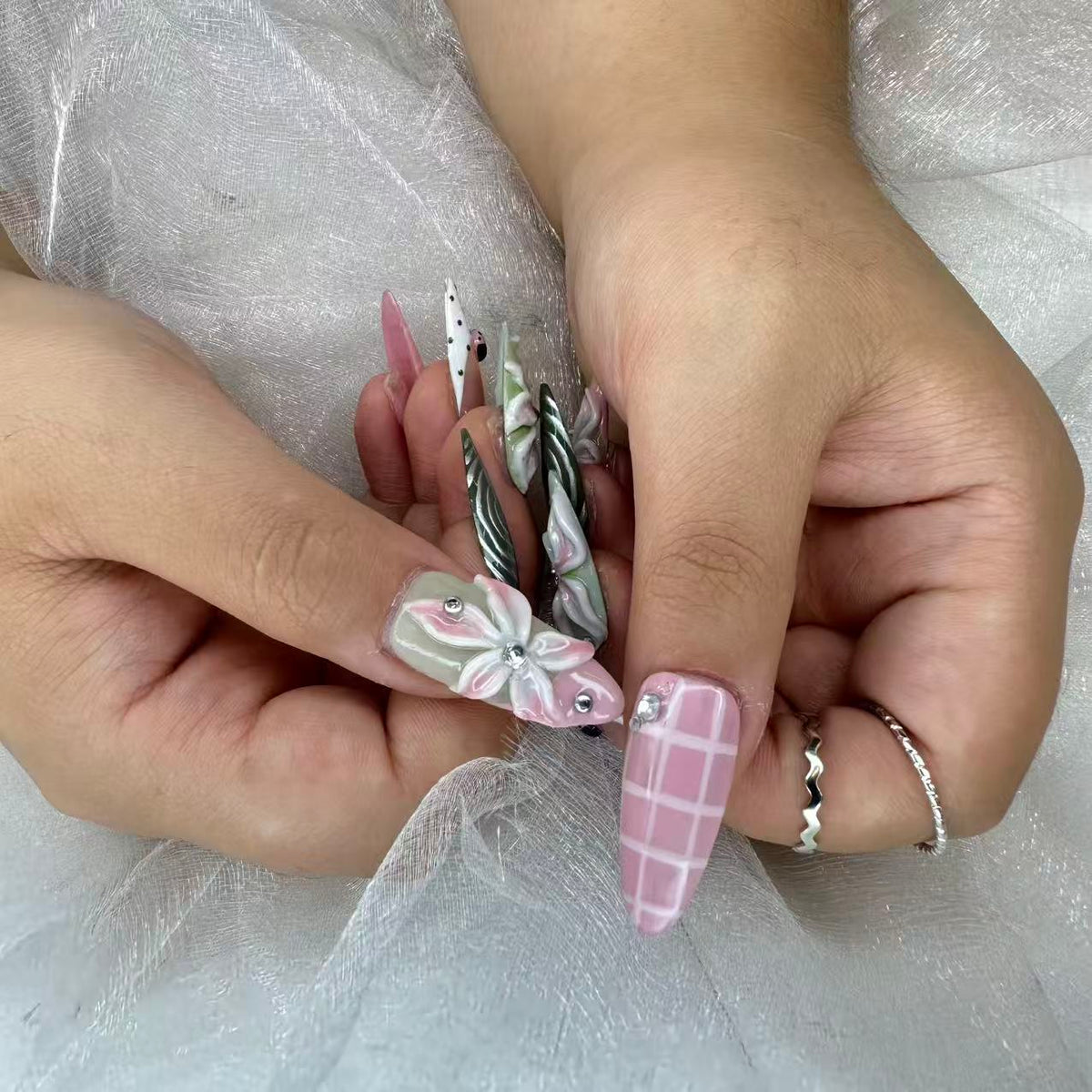 Matcha Garden Nails | Long Almond 3D Floral Set