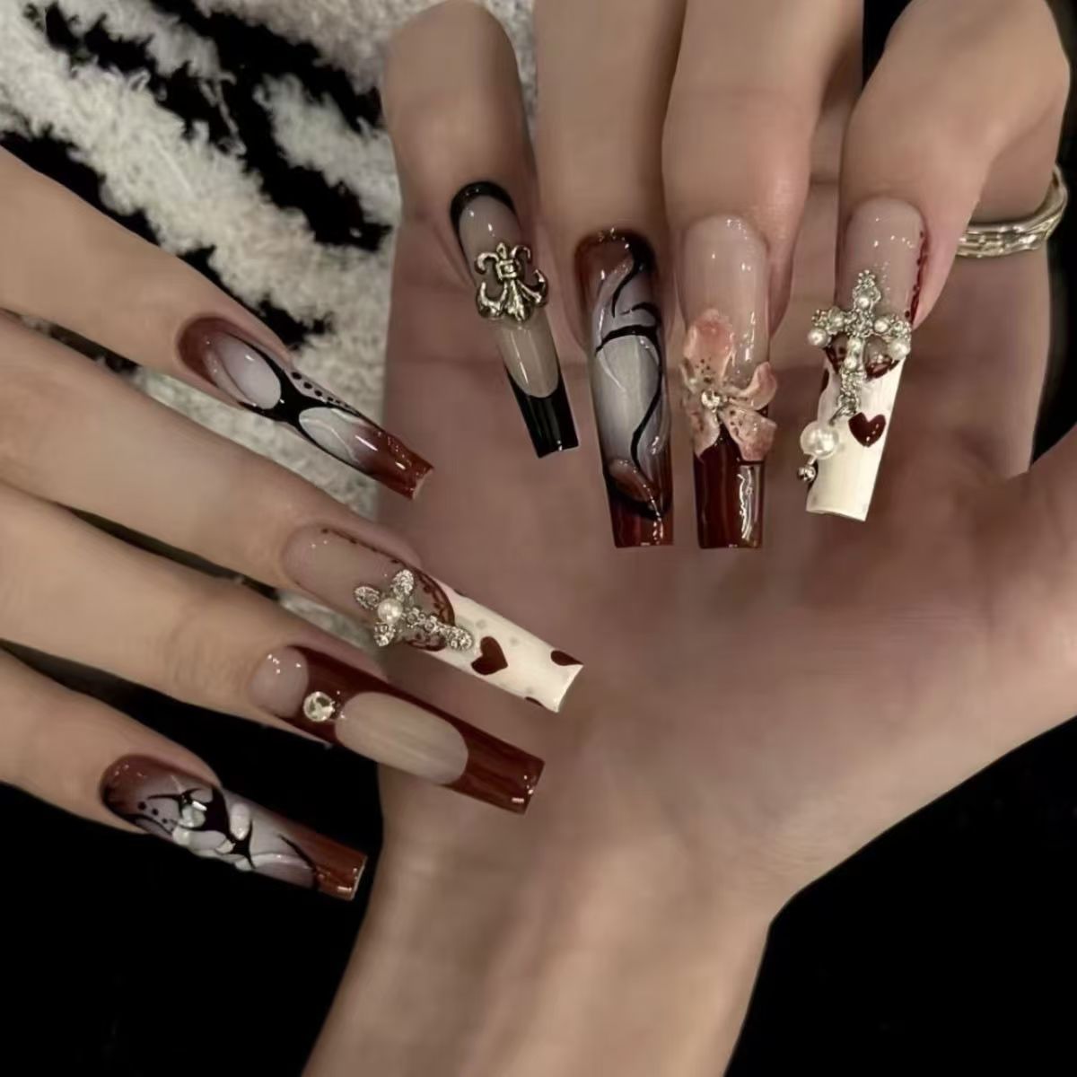 Glam Almond Press on Nails with Pearls, Floral & Heart Decor - Chic Fake Nails