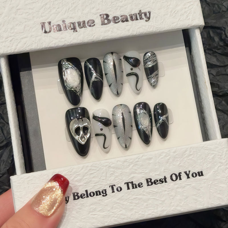 Handmade Press On Silver Nails - Complete Metallic Accent Set
