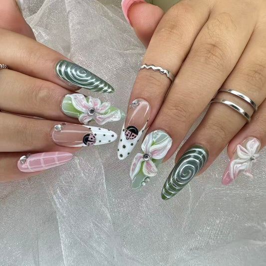 Matcha Garden Nails | Long Almond 3D Floral Set