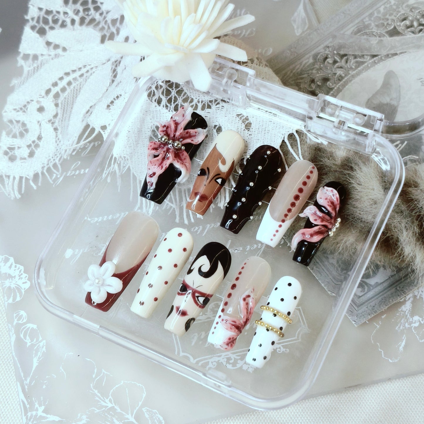 Vintage Glam 3D Floral Nails | Long Coffin Luxury Set