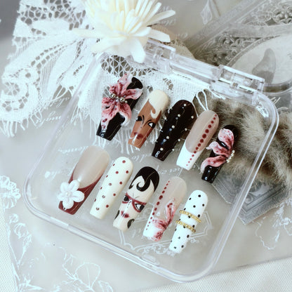 Vintage Glam 3D Floral Nails | Long Coffin Luxury Set