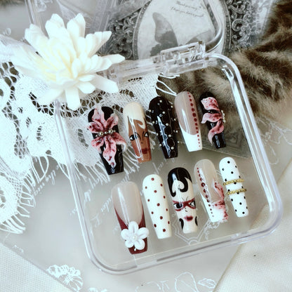Vintage Glam 3D Floral Nails | Long Coffin Luxury Set