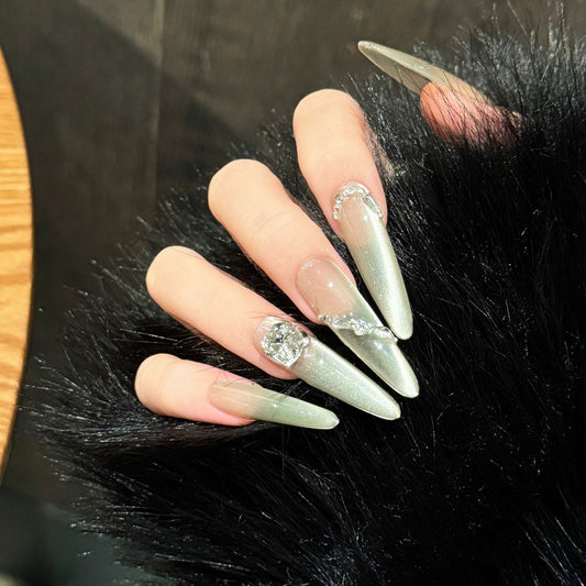  Silver Green Pearl Shimmer Design - Holographic Iridescent Nail Art Collection