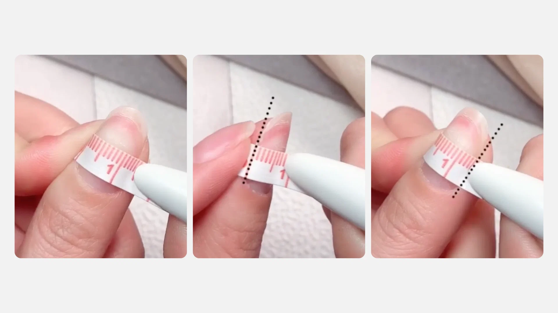 Three-step guide showing how to measure the widest part of a nail bed with a soft measuring tape