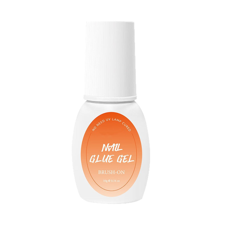 Kapownails brush-on nail glue gel in a white bottle with an orange label marked no UV lamp needed