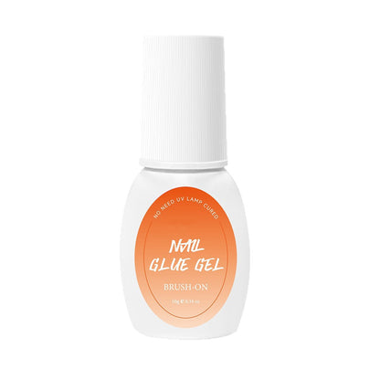Kapownails brush-on nail glue gel in a white bottle with an orange label marked no UV lamp needed