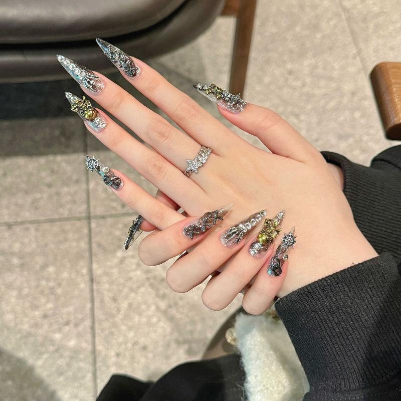 Halloween Gothic Skull Stiletto Long Press On Nails