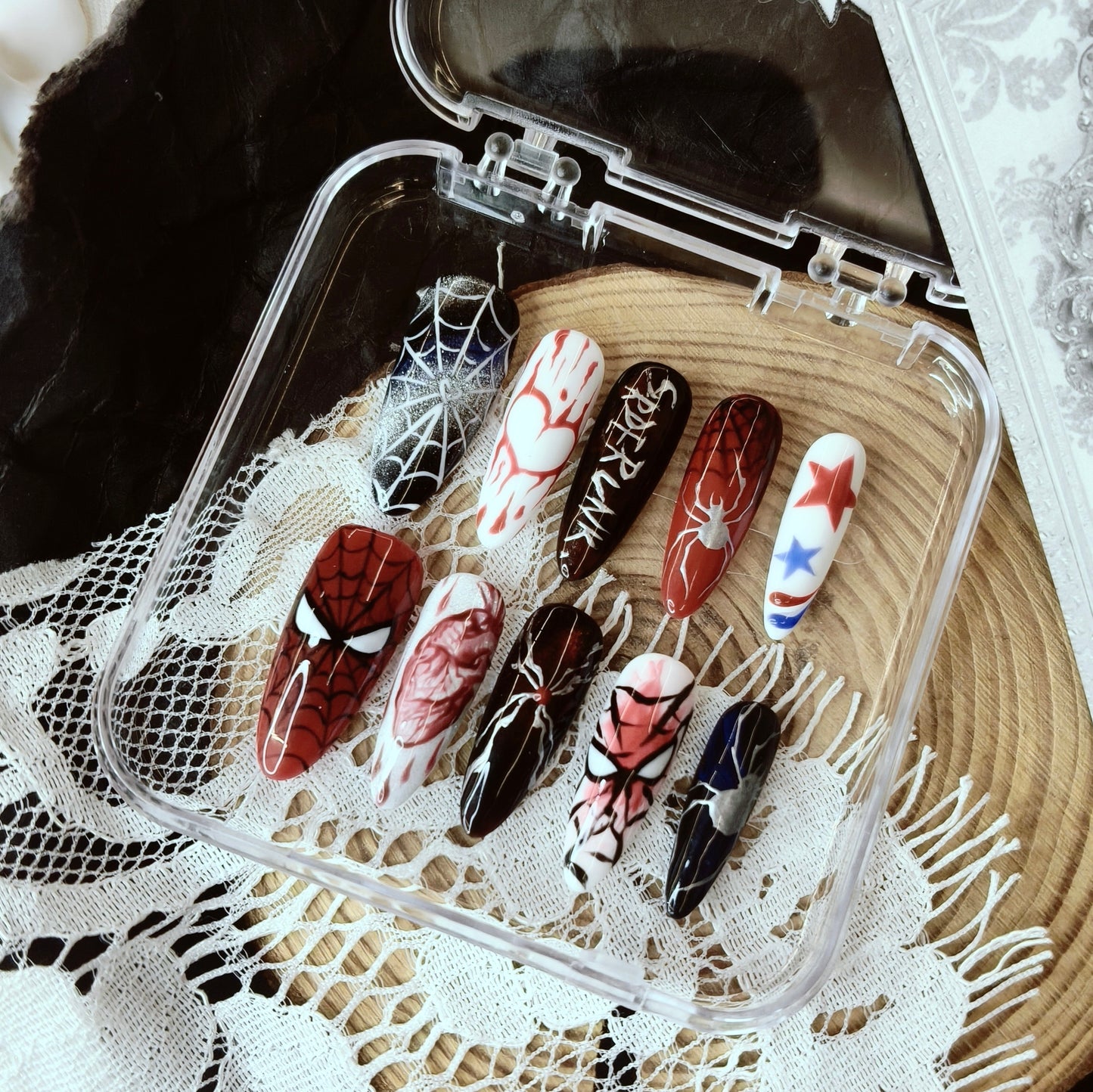 Spider Punk Nails | Long Stiletto Dark Hero Nail Set