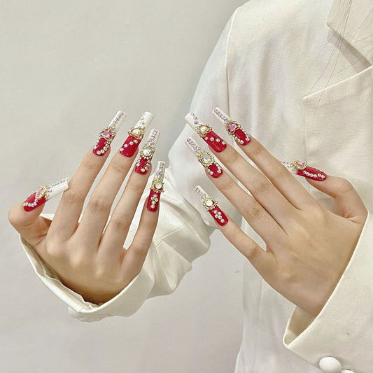 Red White Luxury Rhinestone Design - Premium Crystal Nail Art Collection