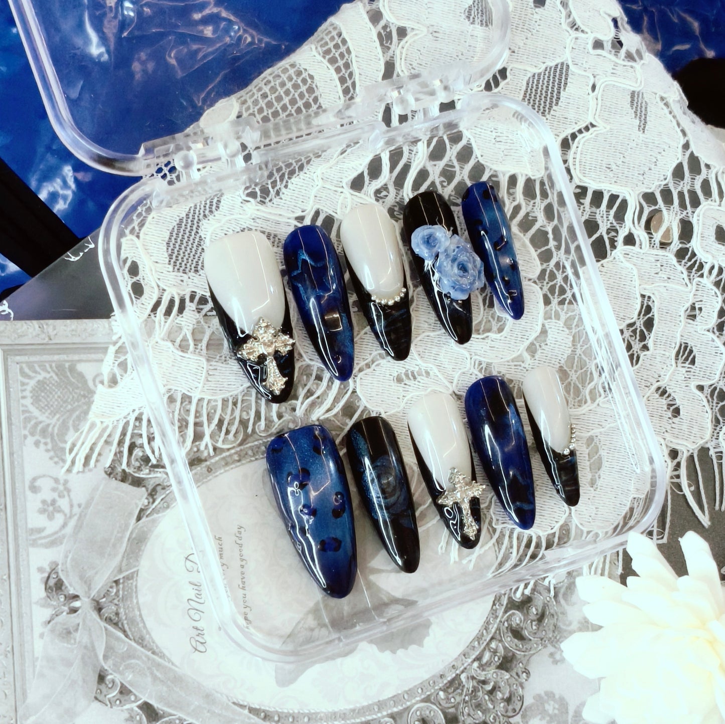 Dark Blue Rose Cross Nails | Long Gothic Set