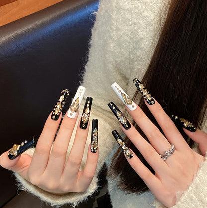 Black White Gold Rhinestone Design - Classic Luxury Nail Art Collection