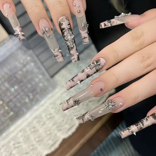 Cross & Rhinestone Glam Press-On Nails - Long Almond Shaped Nude Design