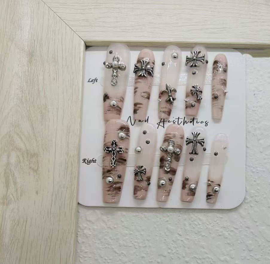 Cross & Rhinestone Glam Press-On Nails - Long Almond Shaped Nude Design