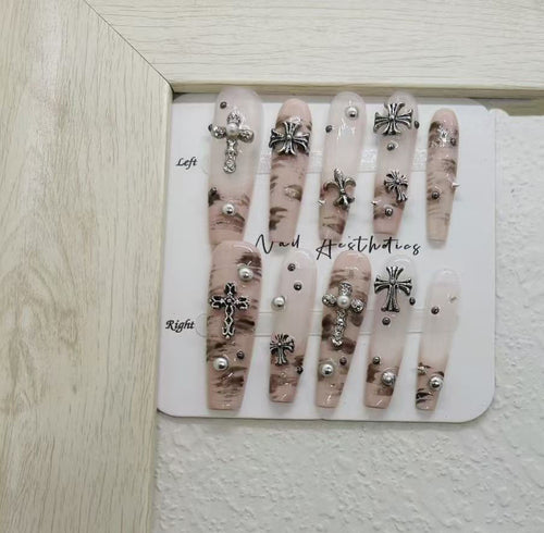 Cross & Rhinestone Glam Press-On Nails - Long Almond Shaped Nude Design