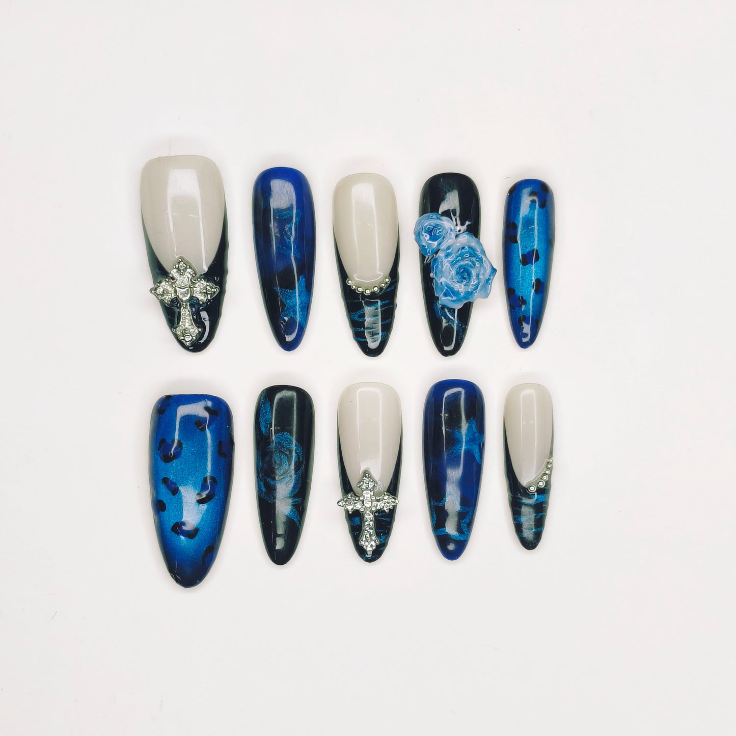 Dark Blue Rose Cross Nails | Long Gothic Set