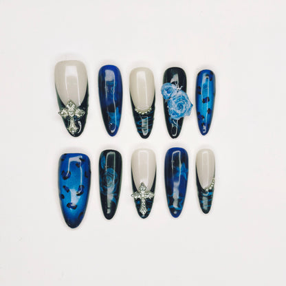 Dark Blue Rose Cross Nails | Long Gothic Set