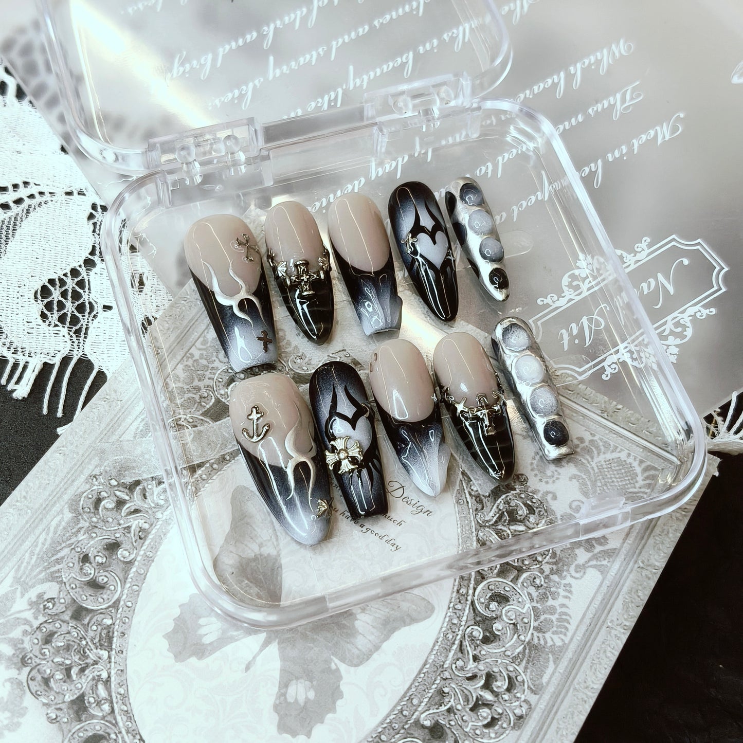 Smoke & Chrome Gothic Nails | Long Coffin Cyber Set