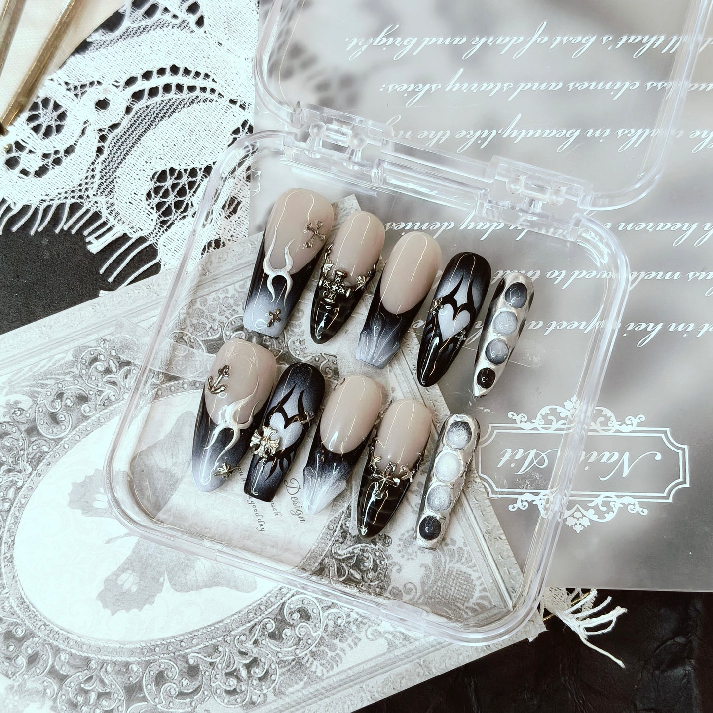 Smoke & Chrome Gothic Nails | Long Coffin Cyber Set