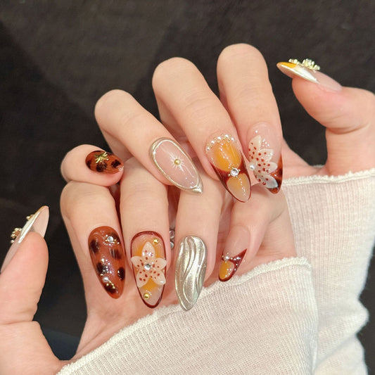 Almond Nails - Burgundy Gold Cross Leopard Chrome Glam