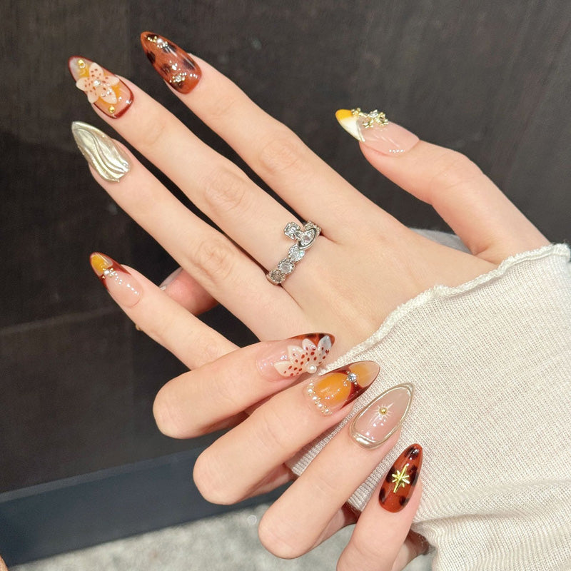 Almond Nails - Burgundy Gold Cross Leopard Chrome Glam