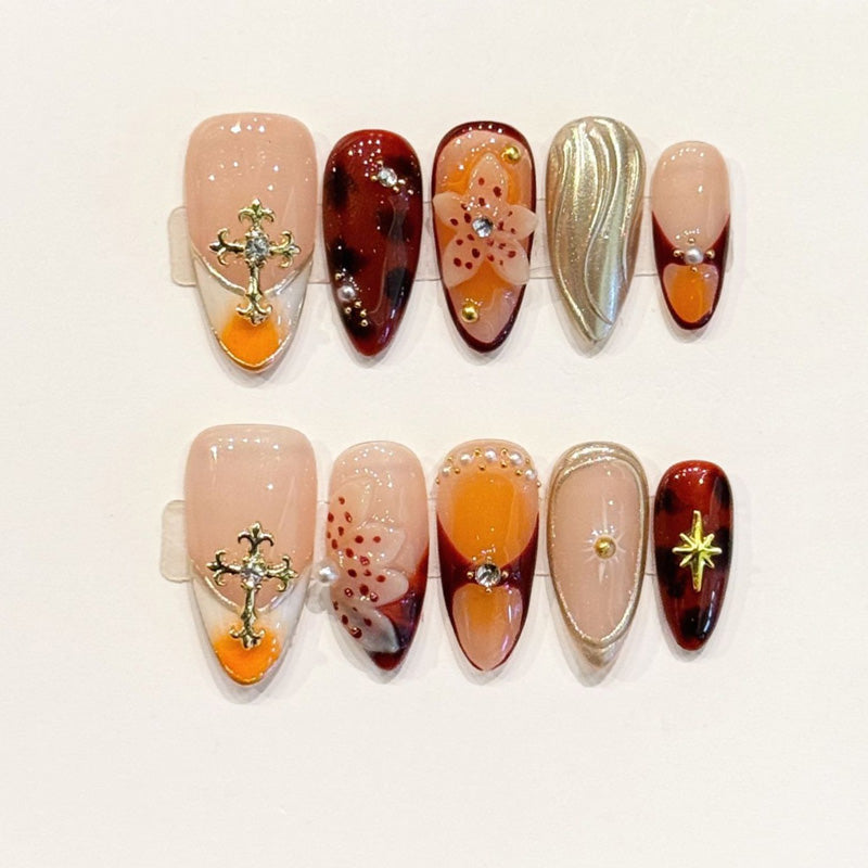 Almond Nails - Burgundy Gold Cross Leopard Chrome Glam – handcrafted press-on nails product image front view