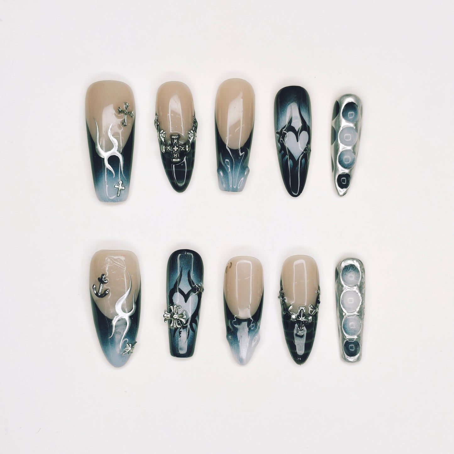 Smoke & Chrome Gothic Nails | Long Coffin Cyber Set