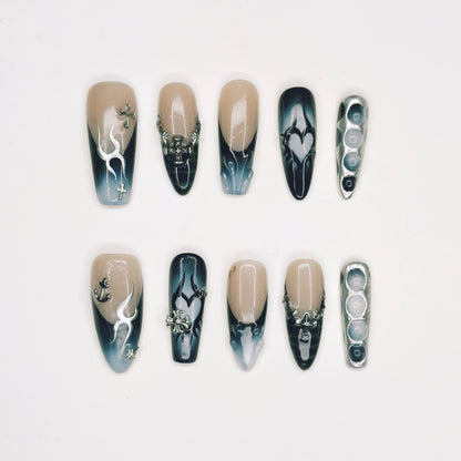 Smoke & Chrome Gothic Nails | Long Coffin Cyber Set