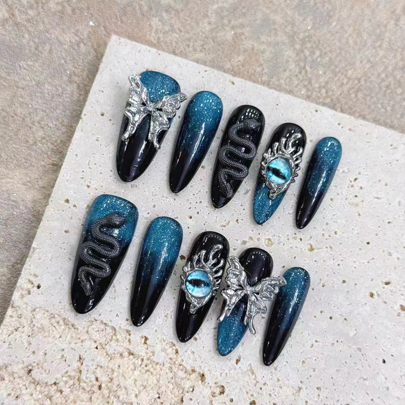Black Teal Gradient Stiletto Press-On Nails - Ombre Set