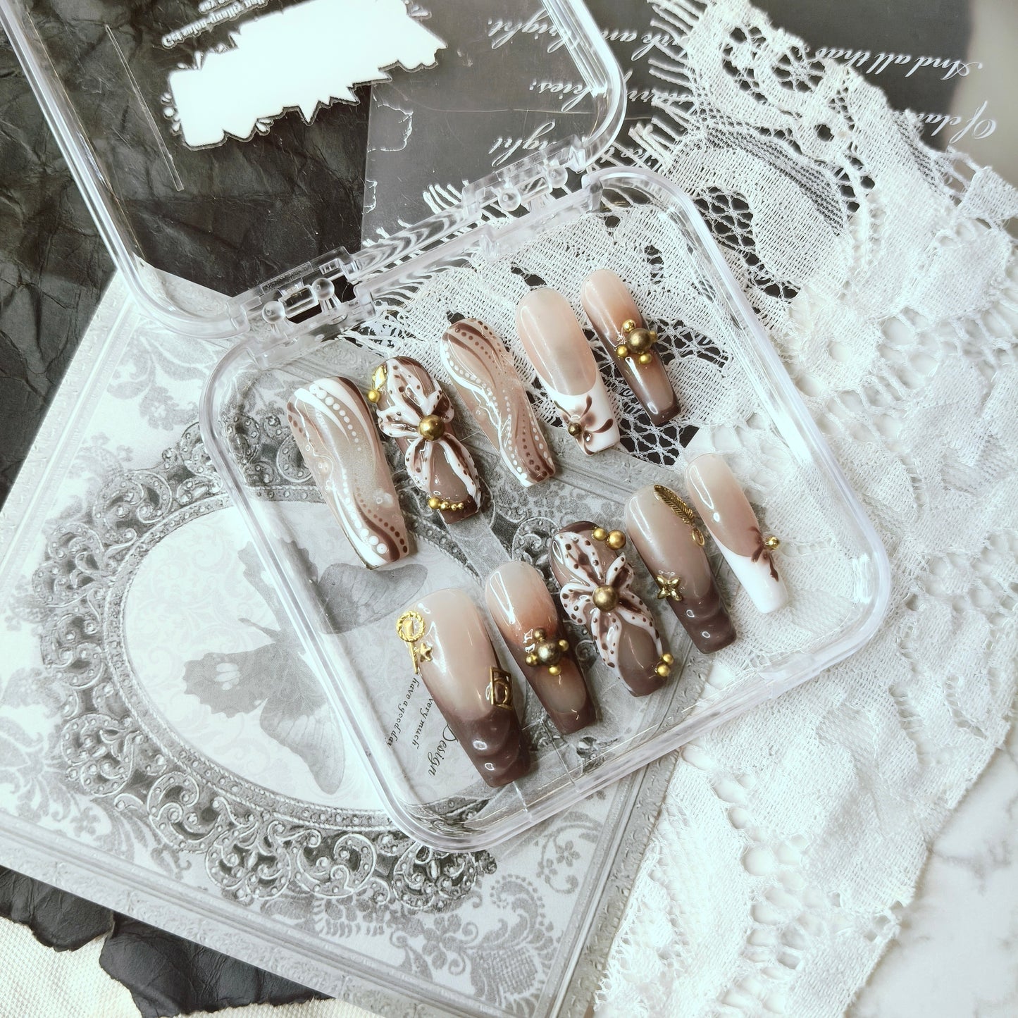 Mocha Bow Vintage Nails | Long Coffin Antique Gold Set
