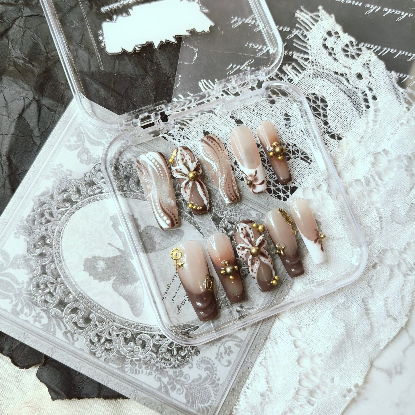 Mocha Bow Vintage Nails | Long Coffin Antique Gold Set