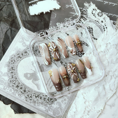 Mocha Bow Vintage Nails | Long Coffin Antique Gold Set