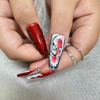 Peter Parker Spider-Man Art Nails | Long Coffin Set