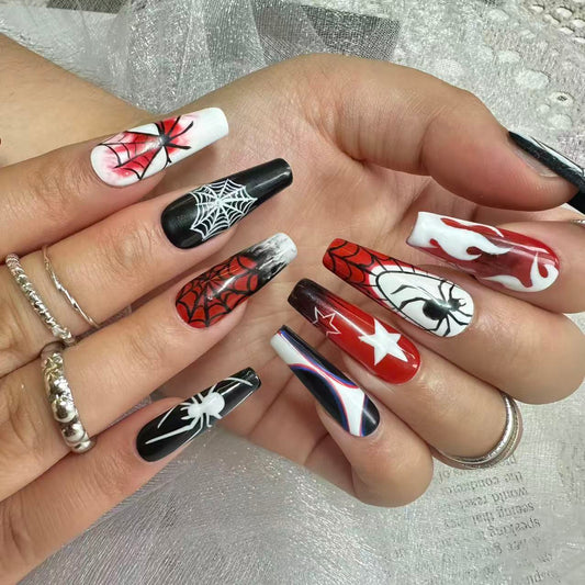 Peter Parker Spider-Man Art Nails | Long Coffin Set