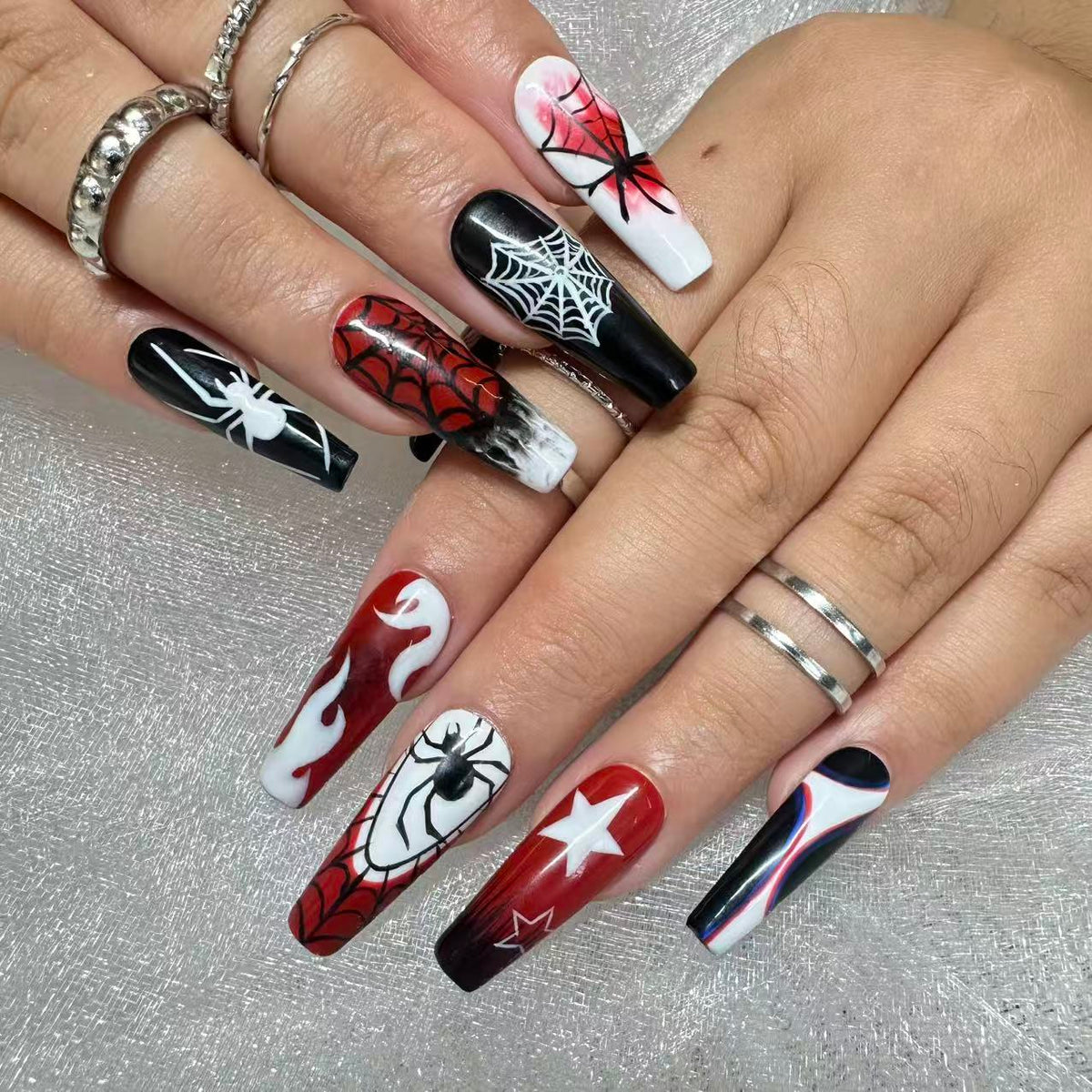 Peter Parker Spider-Man Art Nails | Long Coffin Set
