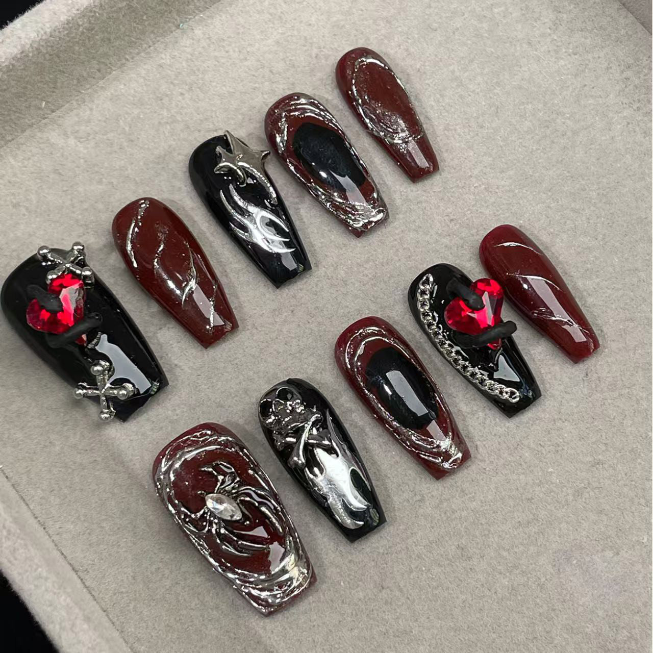 KAPOW Gothic Punk Press On Nails - Blood Red Flames & Chrome Chains