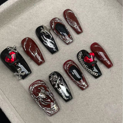 KAPOW Gothic Punk Press On Nails - Blood Red Flames & Chrome Chains