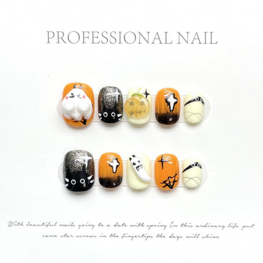 Adorable Halloween ghost press-on nails with spooky characters, oval short shape, perfect for trick-or-treating and parties