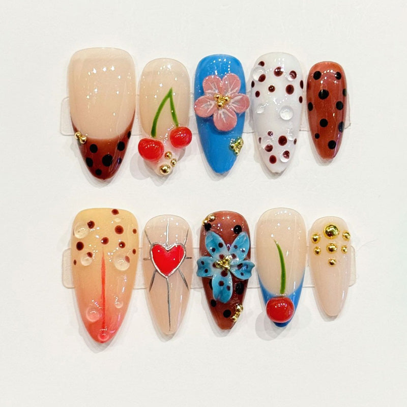 Adorable almond press-ons with 3D cherry charms, romantic hearts, floral sculptures & polka dots - handcrafted kawaii nail art