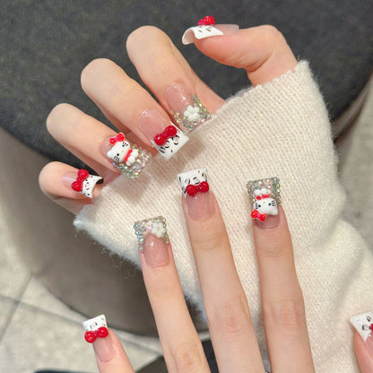 Adorable duck nails with 3D Hello Kitty, red bows, silver glitter & leopard print - perfect for kawaii kitty charm & playful style