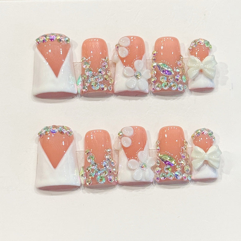 Adorable handmade duck nails with peach & white, 3D bow charms & AB rhinestones - Sweet kawaii elegance - Applies in just 15 minutes