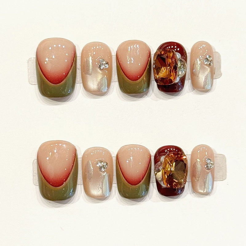 Artistic handmade squoval nails with autumn marble gradient & shell accents - Nature-inspired elegance - Applies in 15 minutes