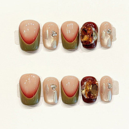 Artistic handmade squoval nails with autumn marble gradient & shell accents - Nature-inspired elegance - Applies in 15 minutes