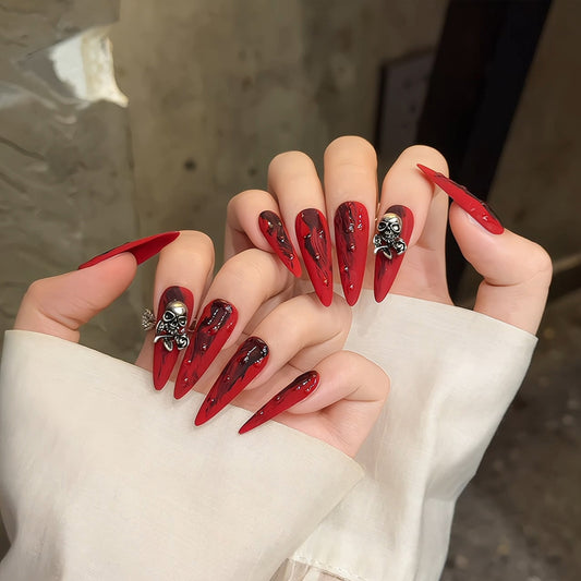 Bold Red Gothic Skull Stiletto Long Nails - Dramatic Length, Edgy Skull Designs, Handcrafted by KAPOWNAILS