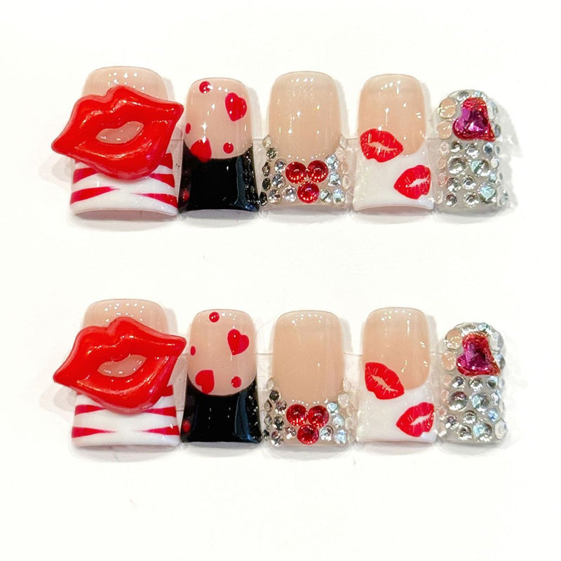 Bold handmade duck nails with 3D red lips, hearts & candy stripes - Valentine's glamour, reusable - Applies in just 15 minutes