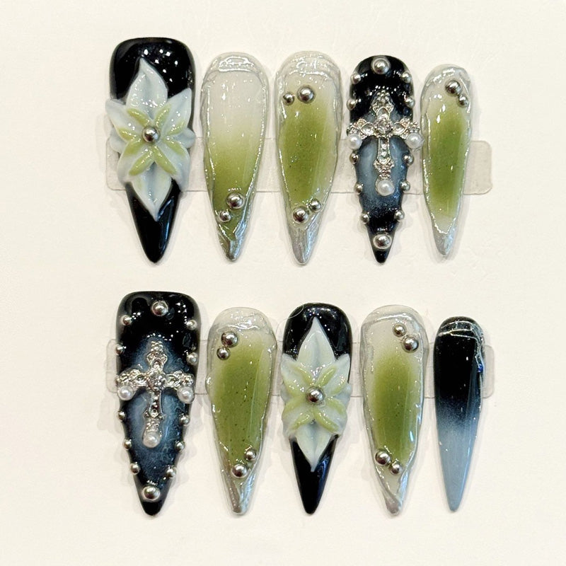 Bold handmade stiletto nails with green ombre & silver cross details - Gothic elegance, reusable - Applies in 15 minutes